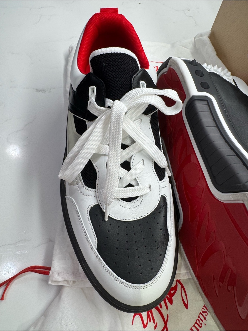 Christian Louboutin Black White Red Low-Top Lace-Up Sneaker - Picture 9 of 12